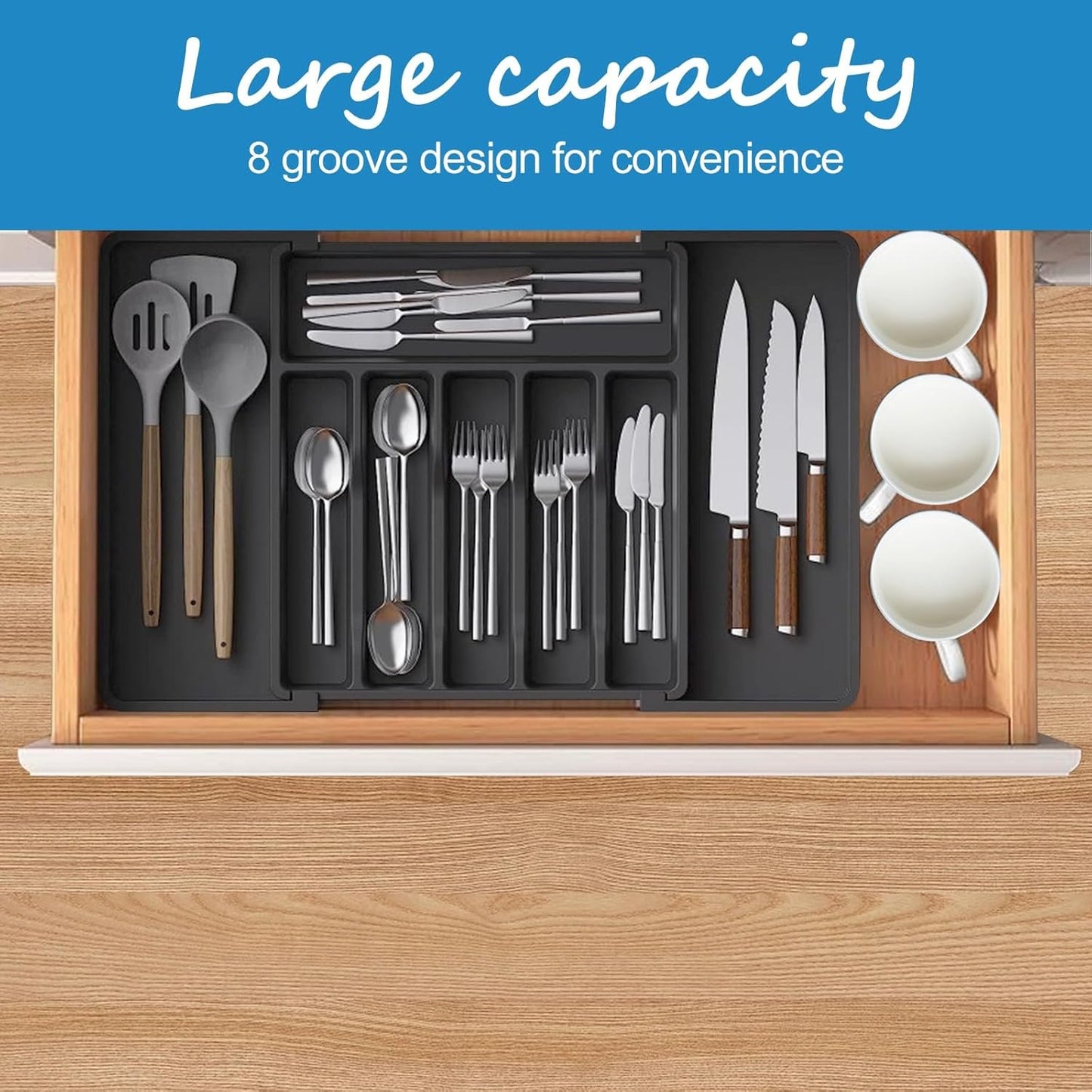 RayLove Utensil Drawer Organizer, Adjustable Cutlery Holder, Large Expandable Tray for Kitchen, Plastic Kitchen Spatula and Tool and Gadget Divider, Black