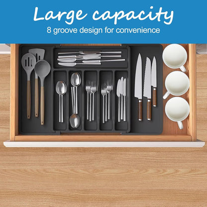 RayLove Utensil Drawer Organizer, Adjustable Cutlery Holder, Large Expandable Tray for Kitchen, Plastic Kitchen Spatula and Tool and Gadget Divider, Black