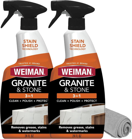 Weiman Granite Cleaner Polish and Protect 3 in 1-2 Pack - Streak-Free, pH Neutral Formula for Daily Use on Interior & Exterior Natural Stone w/Micro Fiber Towel