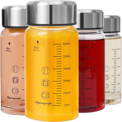 Glass Juice Bottles 4 Pack 12oz/400ml- Wide Mouth Glass Water Bottles with Lids - for Juicing, Smoothies, Milk, Protein, BPA Free, Reusable, Stainless Steel Lids, Leak Proof, Shaker bottle