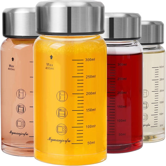 Glass Juice Bottles 4 Pack 12oz/400ml- Wide Mouth Glass Water Bottles with Lids - for Juicing, Smoothies, Milk, Protein, BPA Free, Reusable, Stainless Steel Lids, Leak Proof, Shaker bottle