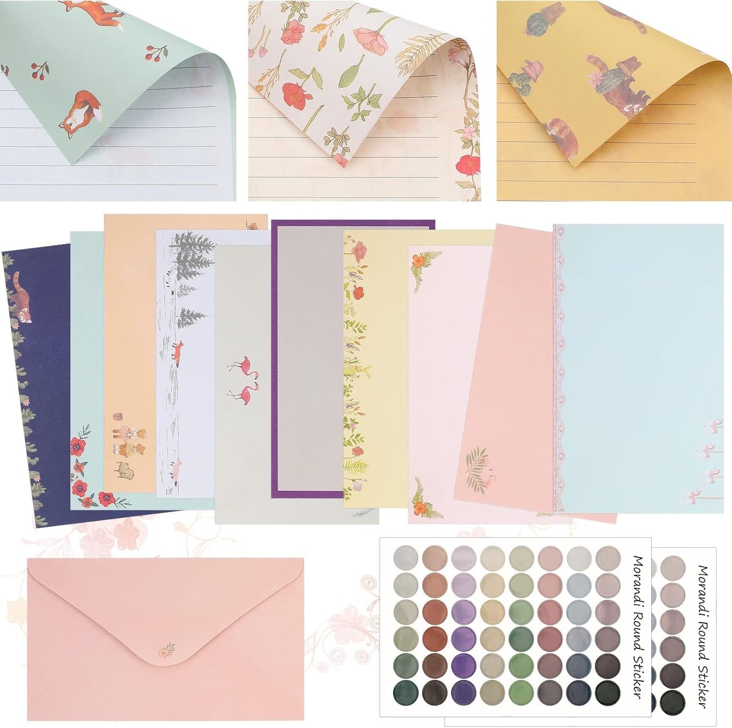 Laumoi 180 Pcs Papers and Envelopes Set - 60 Envelopes, 120 Lined Writing Paper, 96 Colorful Round Dot Stickers, 10 Designs (Vibrant)
