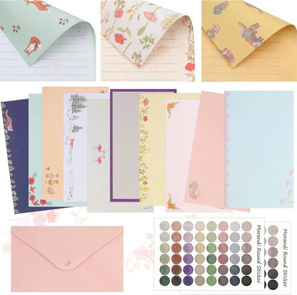 Laumoi 180 Pcs Papers and Envelopes Set - 60 Envelopes, 120 Lined Writing Paper, 96 Colorful Round Dot Stickers, 10 Designs (Vibrant)