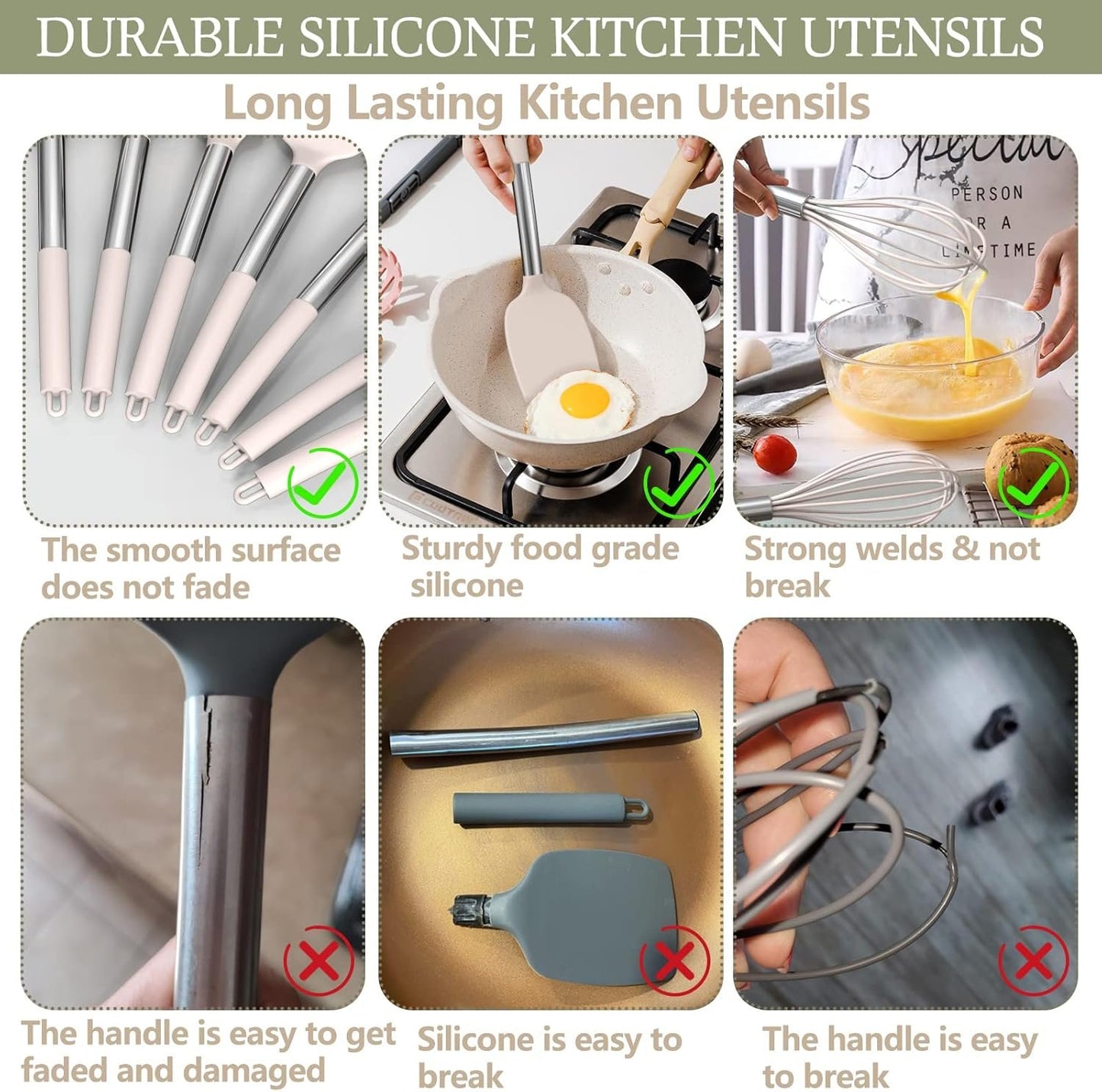 Umite Chef - 15 Pcs Kitchen Utensils Set Heat Resistant Non-Stick Silicone BPA Free Stainless Steel Handle Spatula Spoon Whisk
