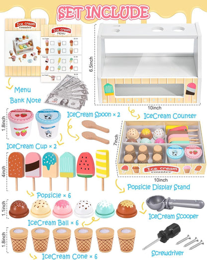 Wooden Ice Cream Toys Kids Pretend Play Store Toys for Toddlers Girls 3-5, Play Kitchen Accessories with Counter & Menu, Wooden Food Christmas Birthday Gifts for 3 4 5 Year Old Girls Boys