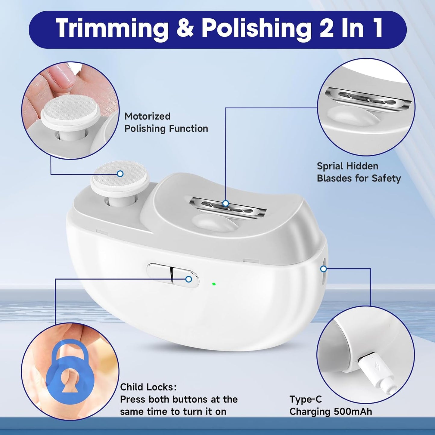 Electric Nail Clippers - 3 in 1 Baby Nail Clippers with LED & Catcher, 2-Speed Rechargeable Trimmer & Polisher, Safe Fingernail Care for Kids, Women, Seniors, Caregivers