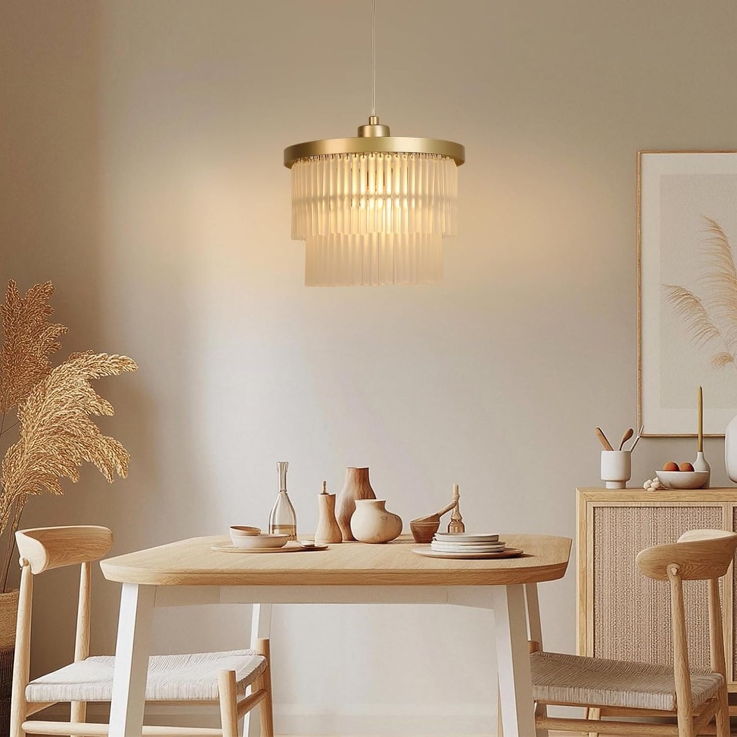 Lexi Lighting Greer Chandelier Light, Dia 25cm, 1 Light Stylish Gold Metal Tiered Frosted Rods Glass Easy-fit Shade Pendant Ceiling Light for Any Living Room, Dining Area, or Bedroom