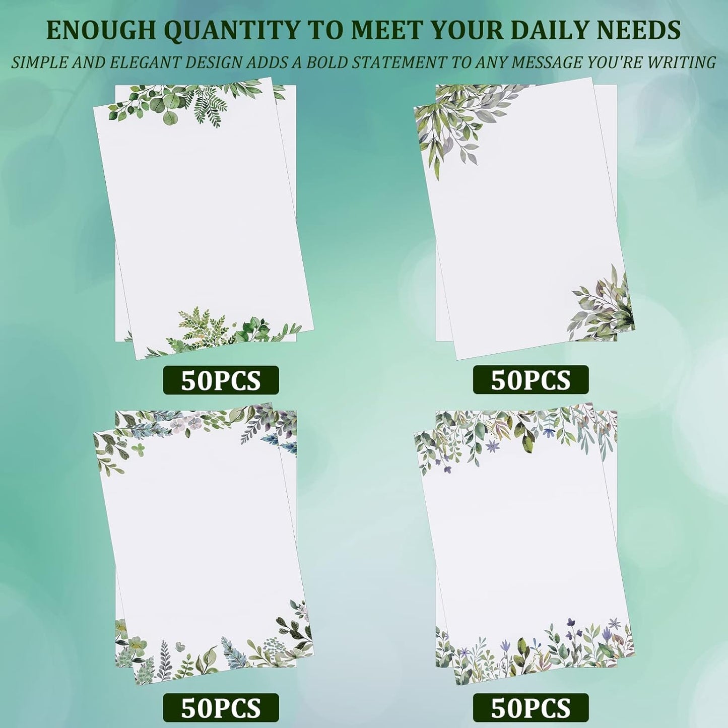 200 Sheets Leaf Theme Paper Stationery Greenery Letterhead Paper Writing Stationary Paper Eucalyptus Border Design Paper Decorative Printer Paper for Office School Home Wedding, 8.5 x 11 Inch (Leaf)
