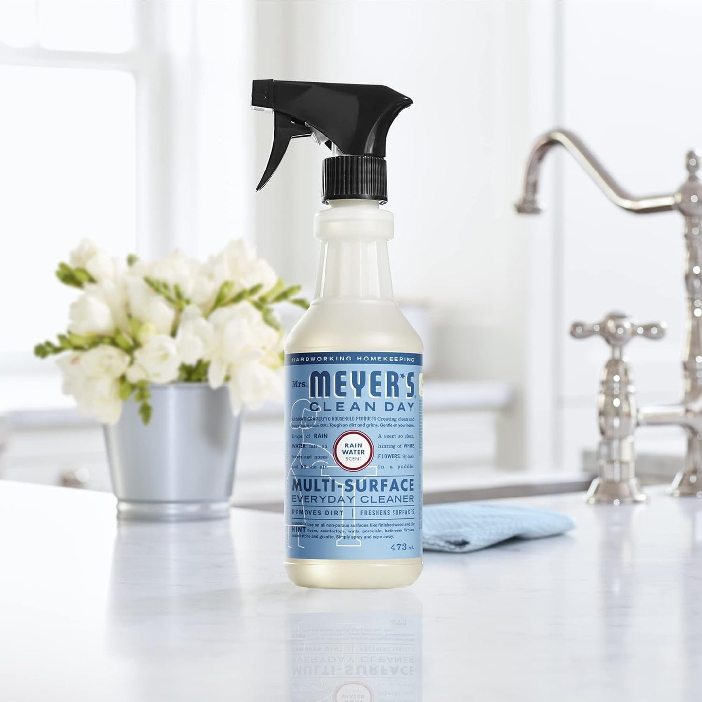 Mrs. Meyer's Clean Day Multi-Surface Cleaner Spray, All-Purpose Cleaner Solution for Countertops, Floors, Walls and More, Rain Water Scent, 473mL Spray Bottle