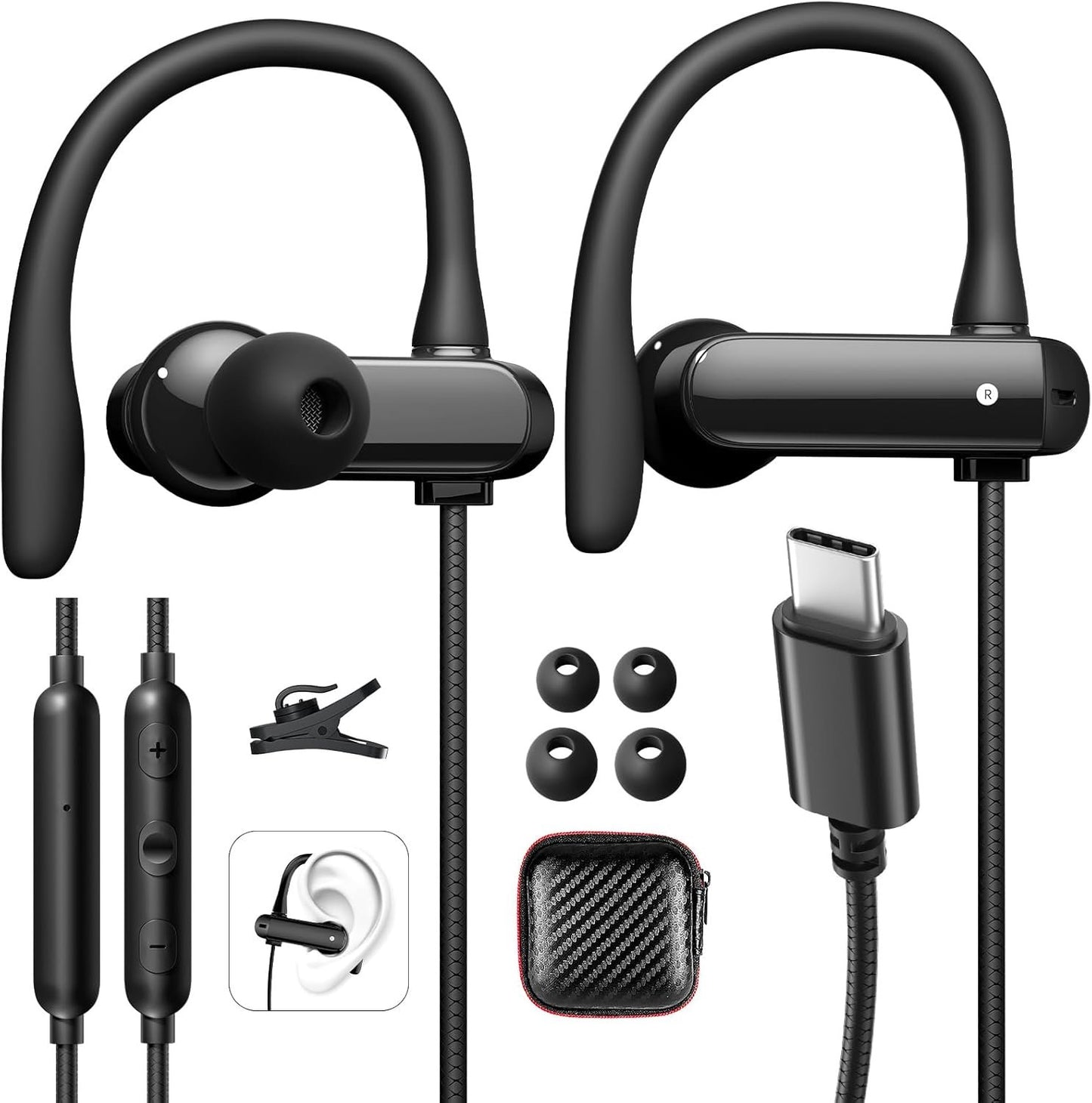 Wired Headphones USB C Earbuds with Anti Drop Earhook in Ear Buds Microphone Running Sports Gym Earphones for Apple iPhone 16 Pro Max 15 16e Android Samsung S25 S24 Ultra S23 S21 S20 Google Pixel 9 8