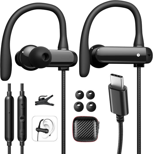 Wired Headphones USB C Earbuds with Anti Drop Earhook in Ear Buds Microphone Running Sports Gym Earphones for Apple iPhone 16 Pro Max 15 16e Android Samsung S25 S24 Ultra S23 S21 S20 Google Pixel 9 8