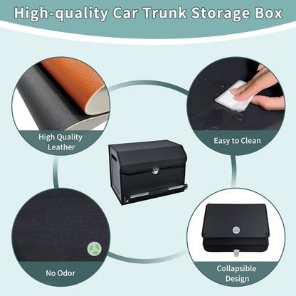 XCF Car Organizer Trunk, Durable Collapsible Leather Car Trunk Organizer with Lid and Sturdy Handle, Portable Car Storage Box for SUV, Sedan, Car Accessories for Men/Women (11.4 x 16.9 x 12.2, Black)