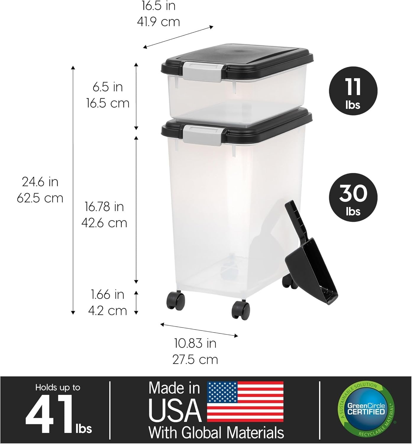IRIS USA Dog Food Storage Container, 30lbs + 11lbs Combo, Cat Food Storage Container, Dog Treat Container, Airtight, Stackable, 2-Cup/ 450 g Scoop, Wheels, Easy Mobility, BPA Free, Black