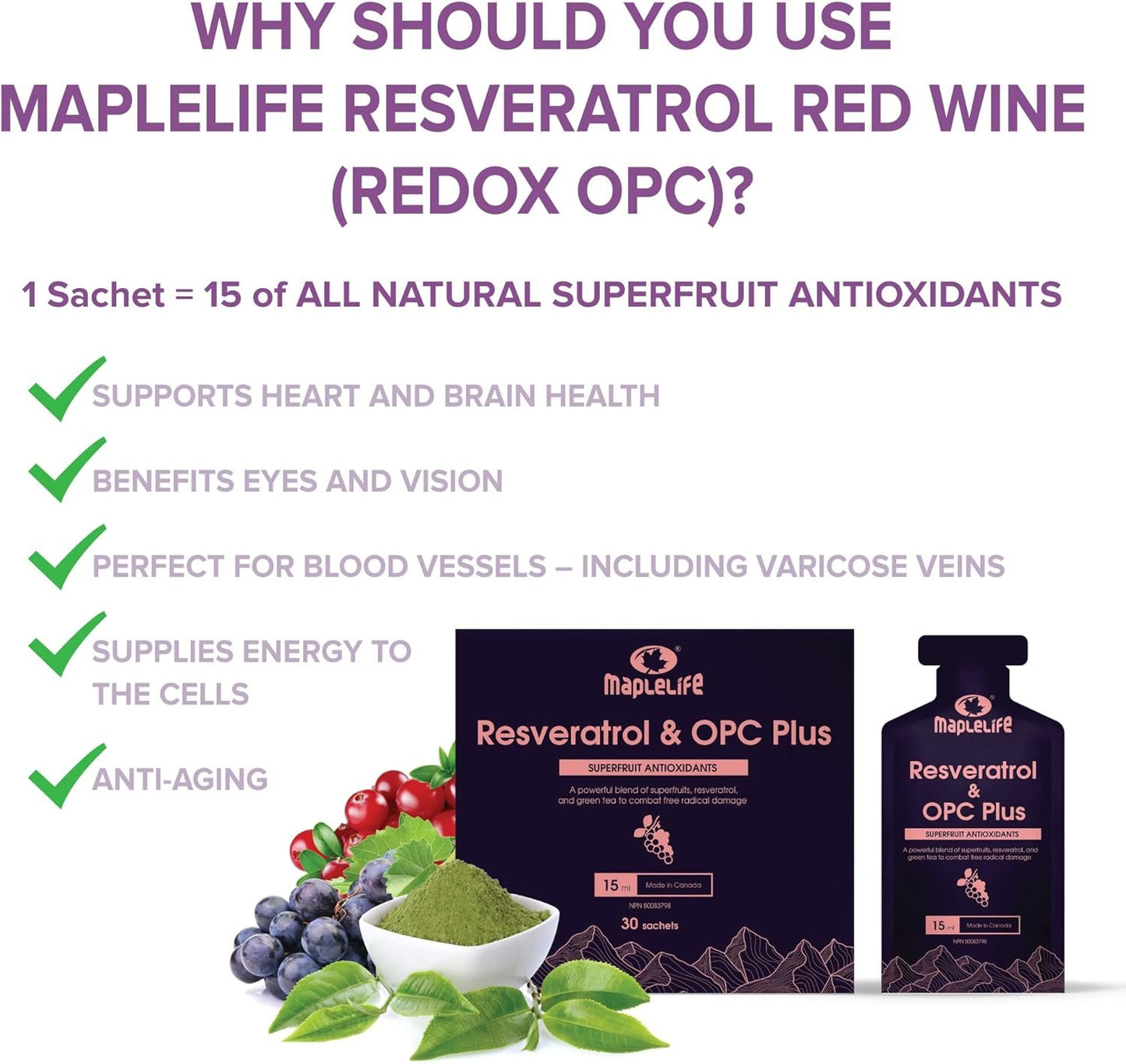 Resveratrol Antioxidant Supplement- OPC Plus- Trans Resveratrol for Excellent Skin Health and Heart, Circulation, Liver with Grape Seed, Green Tea Extract, Goji and Pomegranate - 30 Sachets