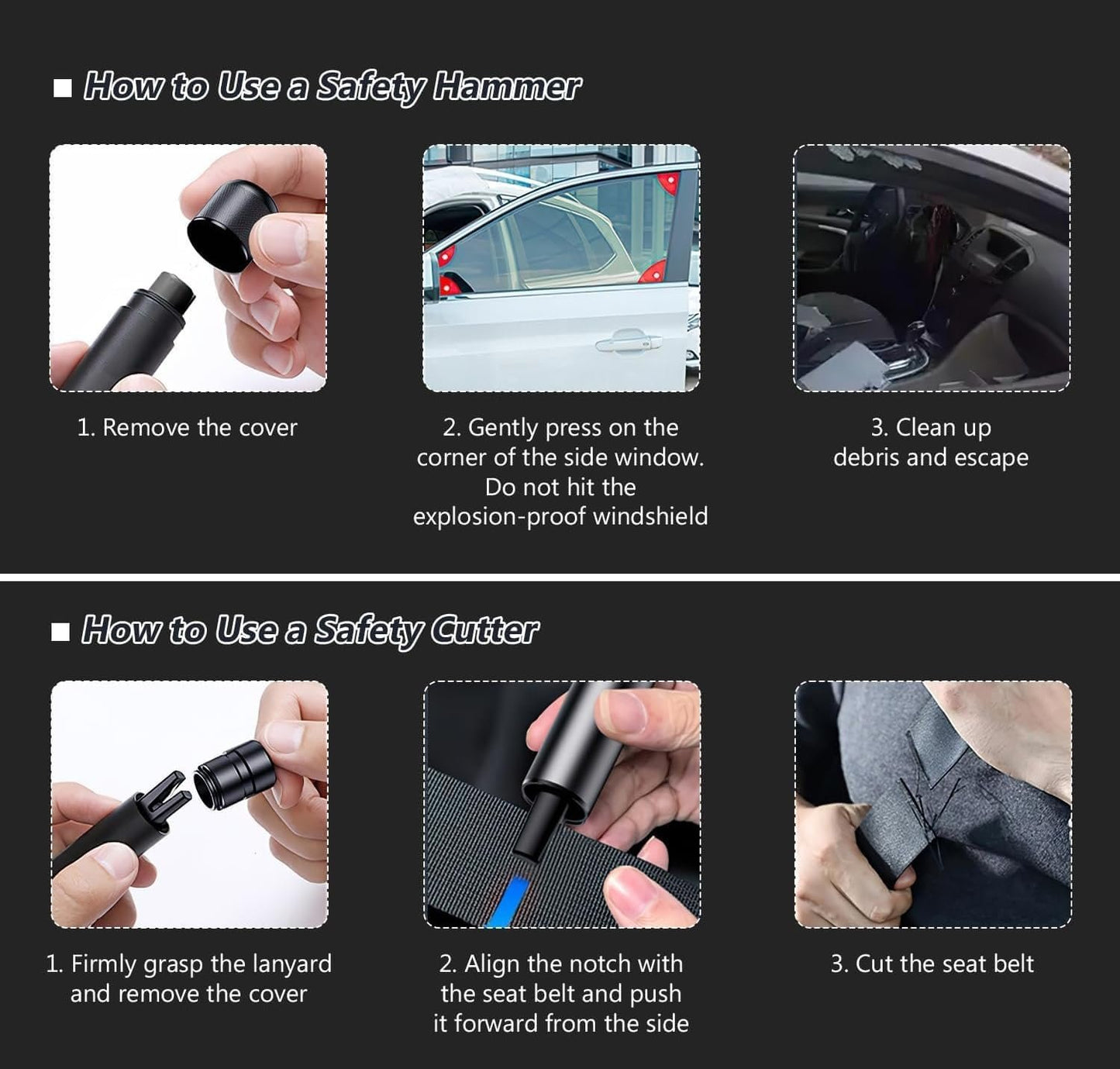 Safety Hammer Glass Breaker Safehammer Glass Breaker, 1Pc Car Safety Hammer Emergency Escape Tool, Car Safety Hammer Window Glass Breaker and Seat Belt Cutter Emergency Escape Tool, Black