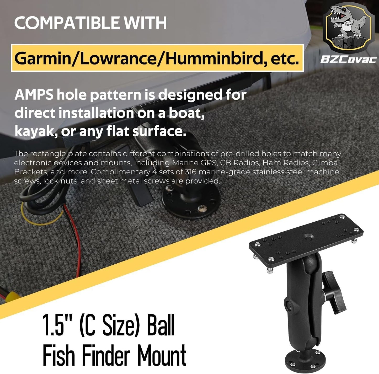 Aluminum Fish Finder Gimbal Mount with 1.5" / C Size Ball for Garmin, Lowrance, Humminbird & More - 360° Rotation & ±90° Tilt Adjustable Marine Electronics Depth Finder Mount