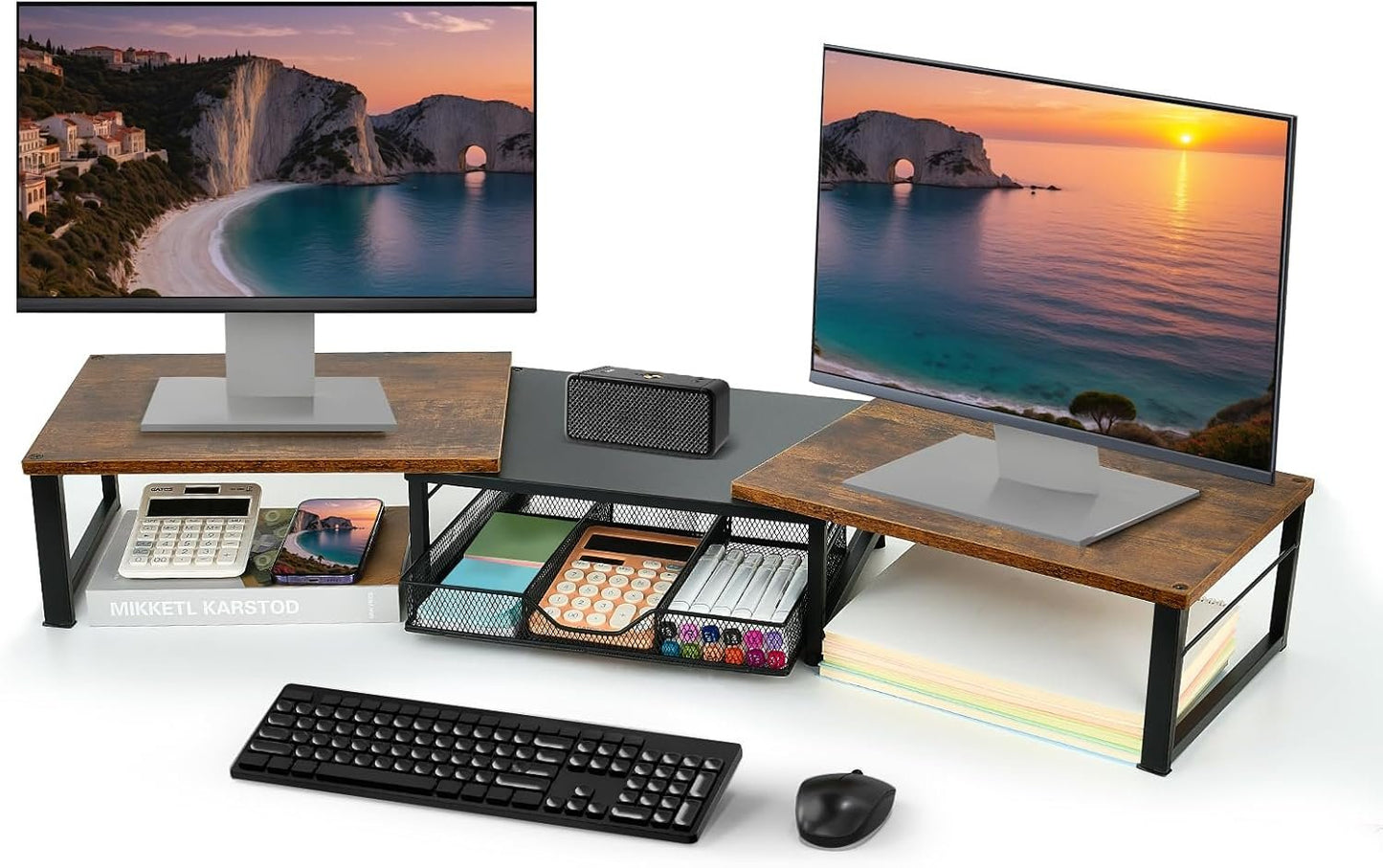 OPNICE Dual Monitor Stand Riser, Desk Organizer with Drawer, Office Desk Organizers and Accessories, Office Workspace Organization Computer Monitor Stand for Laptop, Printer, TV, Office Supplies,