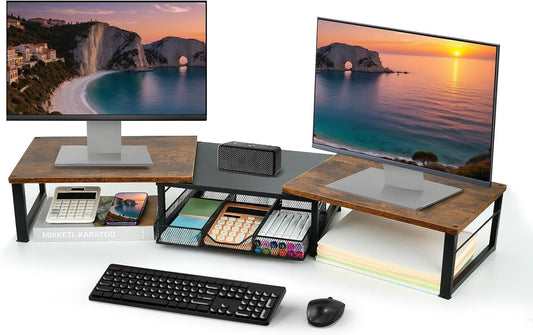 OPNICE Dual Monitor Stand Riser, Desk Organizer with Drawer, Office Desk Organizers and Accessories, Office Workspace Organization Computer Monitor Stand for Laptop, Printer, TV, Office Supplies,