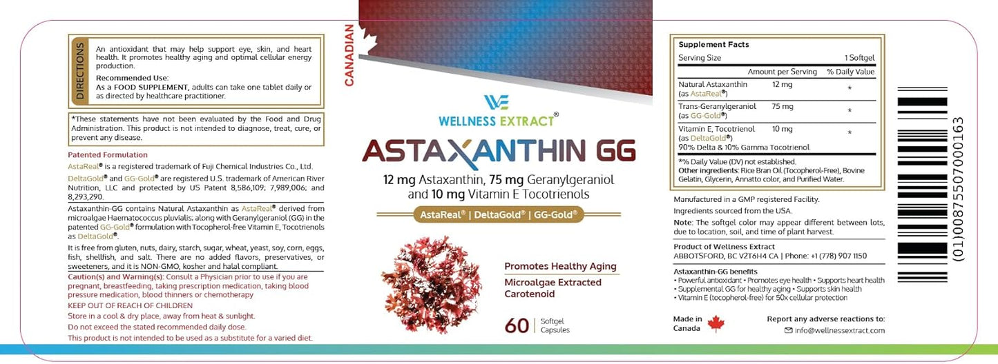 Astaxanthin-GG – AstaREAL™ Astaxanthin Supplement, GG-Gold® Geranylgeraniol, DeltaGold® Tocotrienols Supports Eye, Skin and Heart Health - 60 softgels