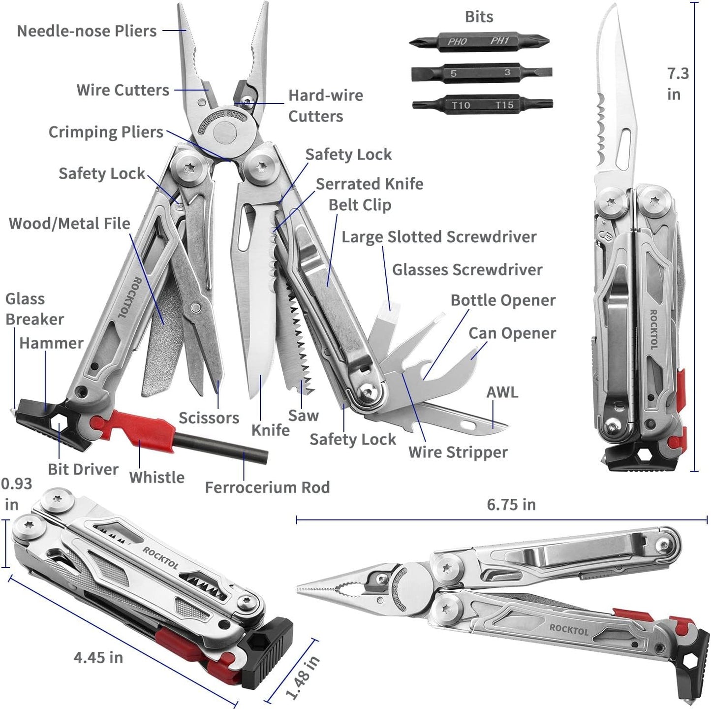 ROCKTOL Multitool, 22-in-1 Multi Tool Pliers with Fire Starter, Emergency Whistle, Glass Breaker, Safety Locking and Nylon Sheath for Survival, Camping, Hunting, Hiking