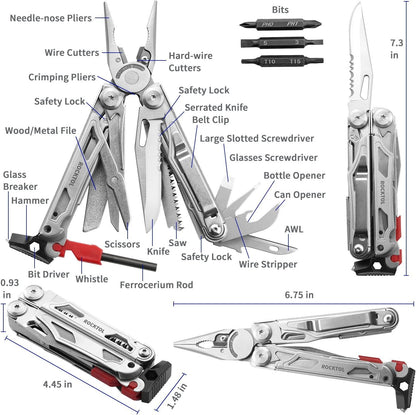 ROCKTOL Multitool, 22-in-1 Multi Tool Pliers with Fire Starter, Emergency Whistle, Glass Breaker, Safety Locking and Nylon Sheath for Survival, Camping, Hunting, Hiking