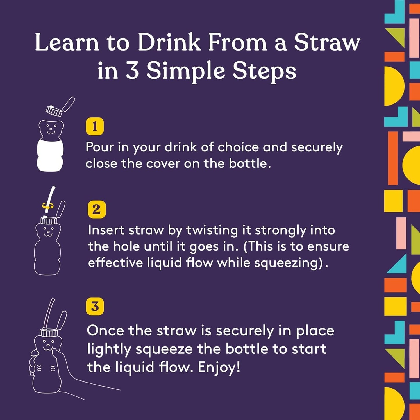 Special Supplies Honey Bear Straw Cup Long Straws, Squeezable Therapy and Special Needs Assistive Drink Container, Spill Proof and Leak Resistant Lid (Pack of 1 Bottle and 3 Straws)