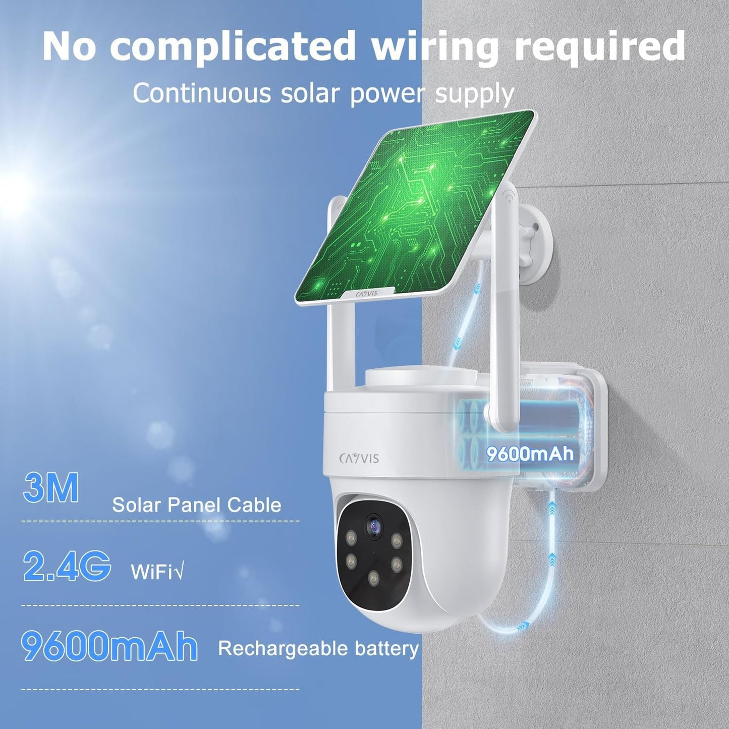 2K 3MP Solar Camera Security Outdoor Battery/Solar Powered, Wireless Solar Camera for Home Surveillance, AOV 24/7 Recording, Human/Vehicle Detection, Night Vision, 2-Way Audio,Auto Tracking