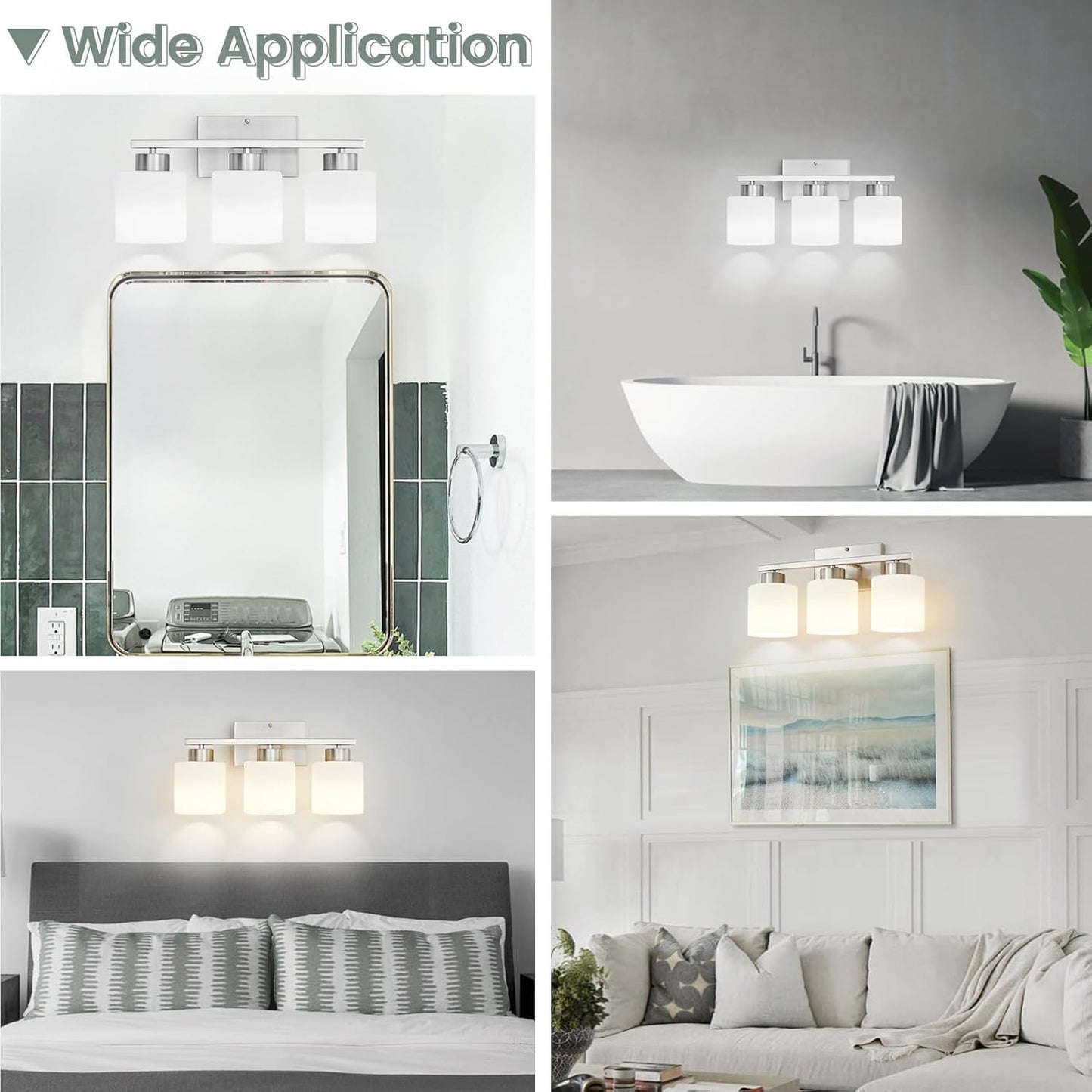 Capaaobc 3 Light Bathroom Light Fixtures, Brushed Nickel Vanity Lights Over Mirror for Bathroom, Modern Bathroom Vanity Light with Milky White Glass Shades, Anti-Rust E26 Base Lighting Fixtures