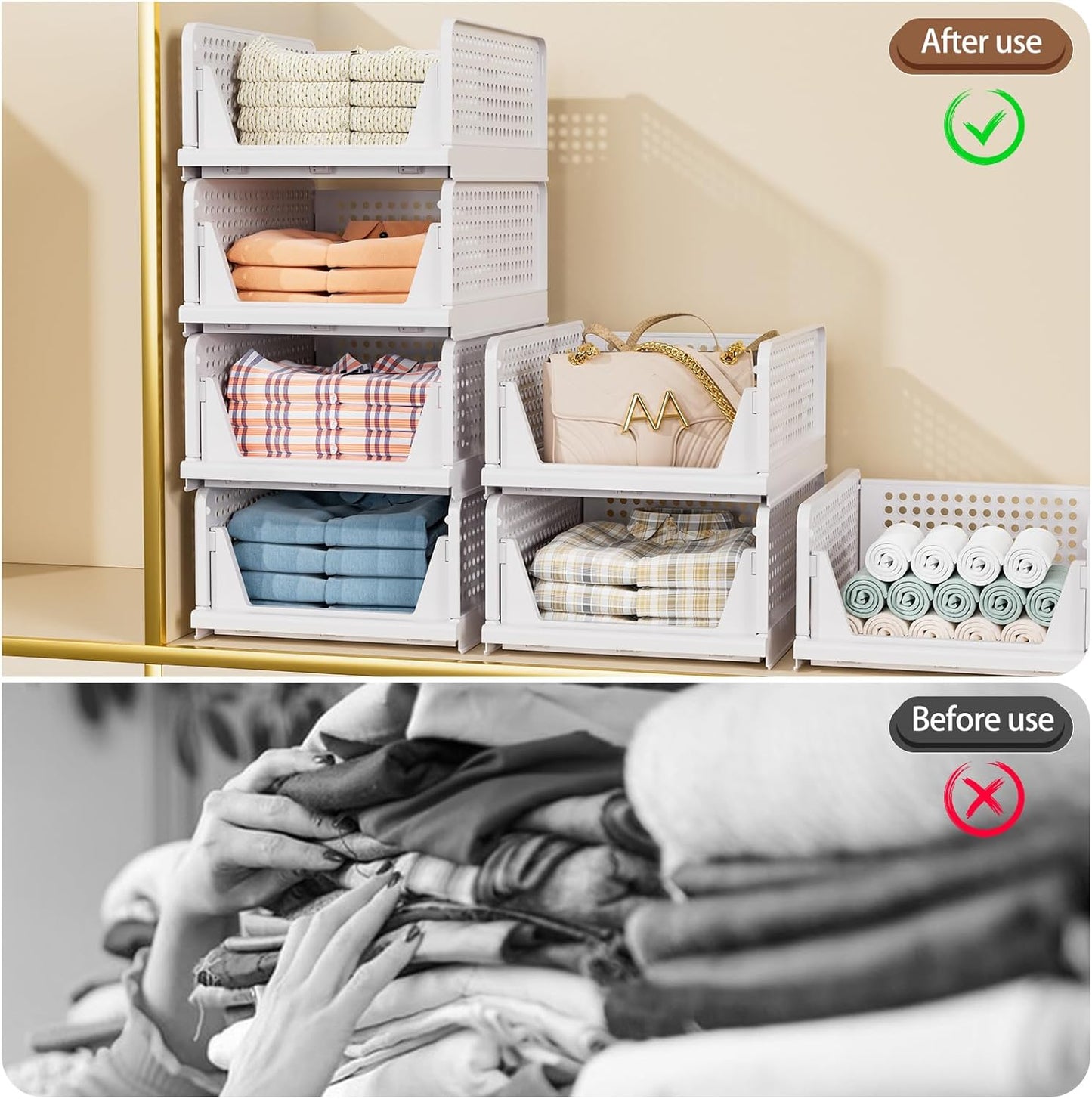 TidyIsles Wardrobe Storage Organiser - 4 Pack Folding Closet Organisers, Stackable Storage Boxes, Plastic Drawer Organiser Basket for Bedroom Kitchen Bathroom White