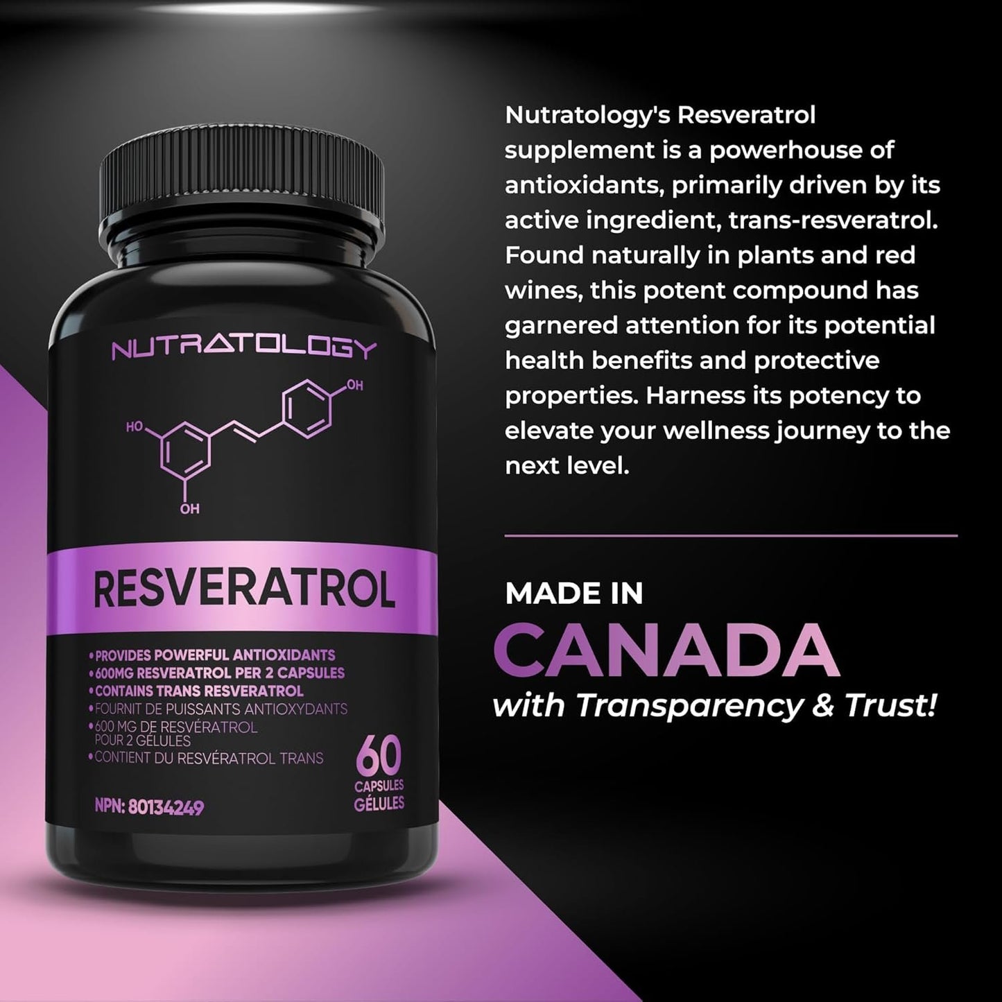 Nutratology Resveratrol Supplement - 600MG Per 2 Capsules - Antioxidant Supplement - Anti Aging Trans Resveratrol - Increases Cardiovascular Health, Cell Regeneration+Hair Growth - 60 Caps