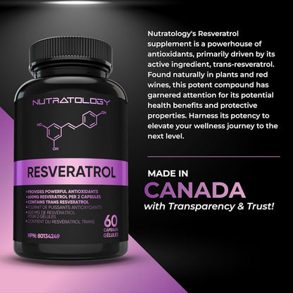Nutratology Resveratrol Supplement - 600MG Per 2 Capsules - Antioxidant Supplement - Anti Aging Trans Resveratrol - Increases Cardiovascular Health, Cell Regeneration+Hair Growth - 60 Caps