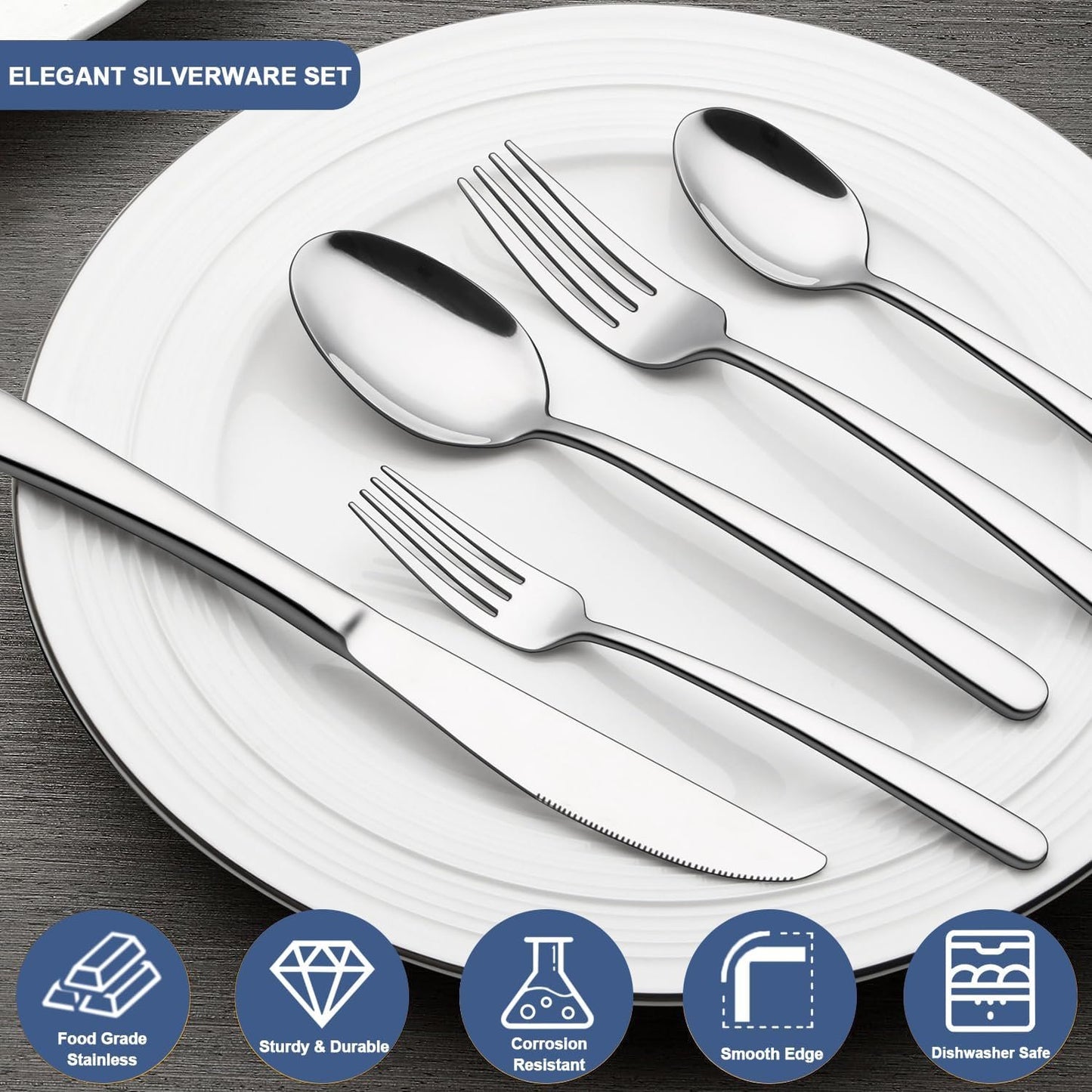 30-Piece Silverware Set Service for 6, Wildone Premium Stainless Steel Flatware Set, Mirror Polished Cutlery Utensil Set for Home Restaurant, Include Fork Knife Spoon Set, Durable, Dishwasher Safe