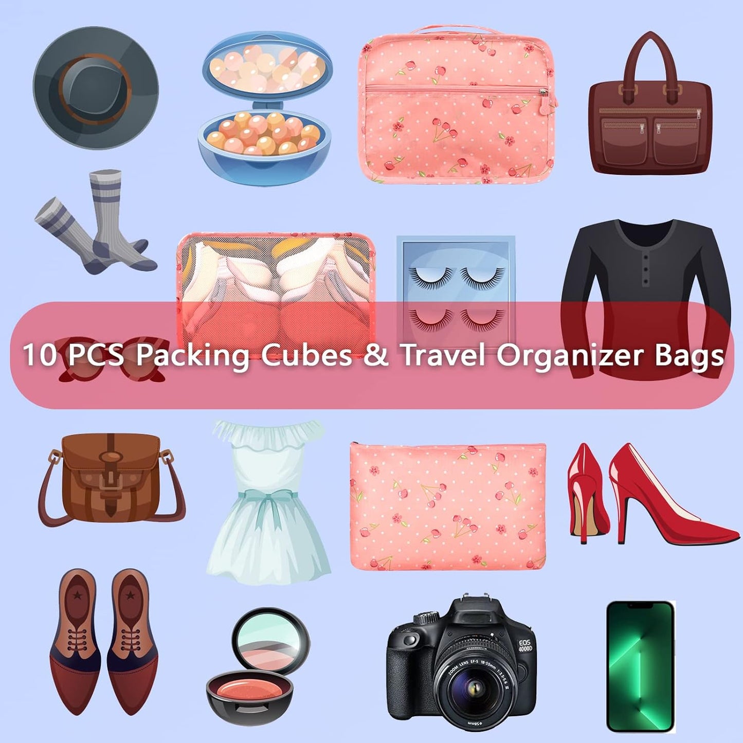 Sciphylia Organizer Suitcase Organizer Suitcase Set of 10 Travel Organizer Bags Travel Packing Cubes Useful Accessories for Clothes Cosmetics Shoes Underwear Red Pink