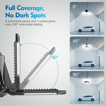 TANBABY Upgrade 250W LED Garage Lights Plug in 2 Pack, Total 50000LM Deformable Garage Lights Ceiling LED Plug in Cord, Plug in Shop Lights for Garage Lighting with 8+1 Panels Garage Bulb for Basement