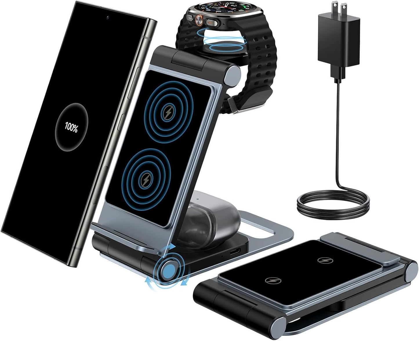 Bolvunes Wireless Charger for Samsung, 3in1 Foldable Wireless Charging Station for Galaxy S25 Ultra/S24/S23 /S22/S21/Z Flip 6/Fold 6, Fast Charger Stand for Galaxy Watch/7/6/5, Galaxy Buds 3/2/1