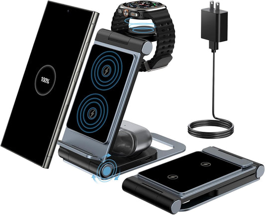 Bolvunes Wireless Charger for Samsung, 3in1 Foldable Wireless Charging Station for Galaxy S25 Ultra/S24/S23 /S22/S21/Z Flip 6/Fold 6, Fast Charger Stand for Galaxy Watch/7/6/5, Galaxy Buds 3/2/1