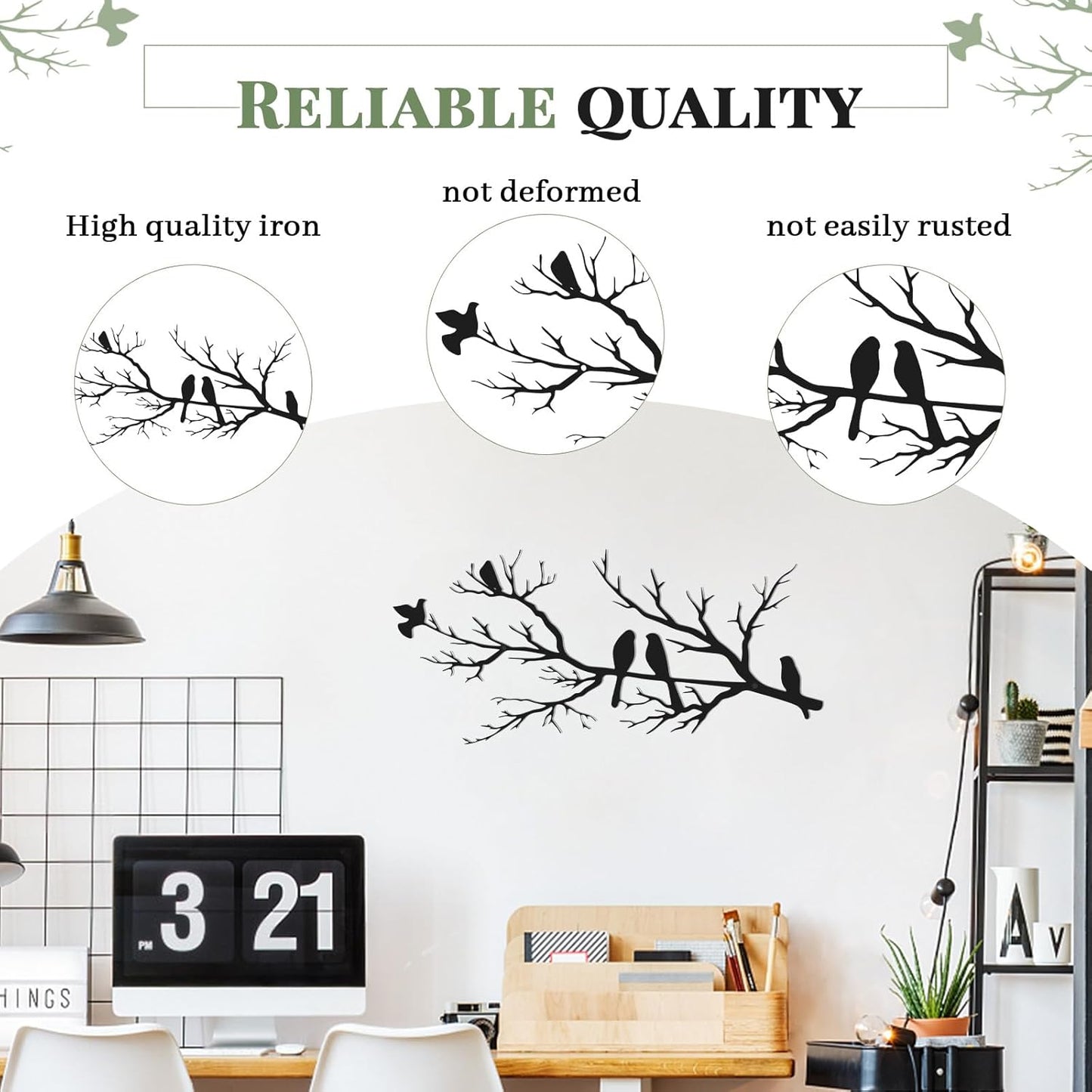 Metal Birds Wall Art Decor, Vivid Birds on Branch Wall Decor, Large Bird Silhouette Room Ornament, Leaves with Birds Hanging Wall Sculpture, Rustic Bird Wall Art for Home, Garden,Balcony, Grille