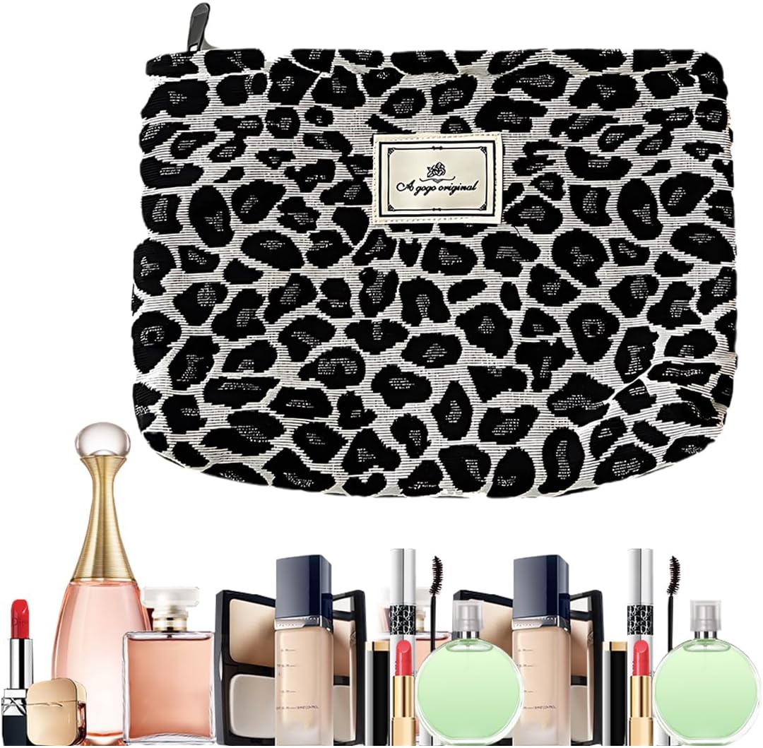 SGERUFZ Leopard Women Canvas Makeup Bag Large Capacity Travel Makeup Organizer Makeup Accessories (Beige+Black)