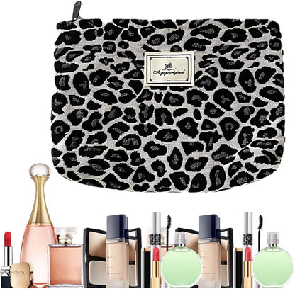 SGERUFZ Leopard Women Canvas Makeup Bag Large Capacity Travel Makeup Organizer Makeup Accessories (Beige+Black)