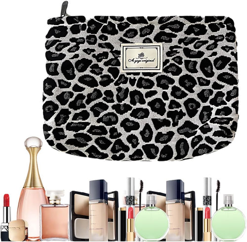 SGERUFZ Leopard Women Canvas Makeup Bag Large Capacity Travel Makeup Organizer Makeup Accessories (Beige+Black)