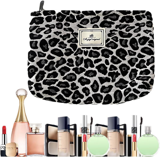SGERUFZ Leopard Women Canvas Makeup Bag Large Capacity Travel Makeup Organizer Makeup Accessories (Beige+Black)