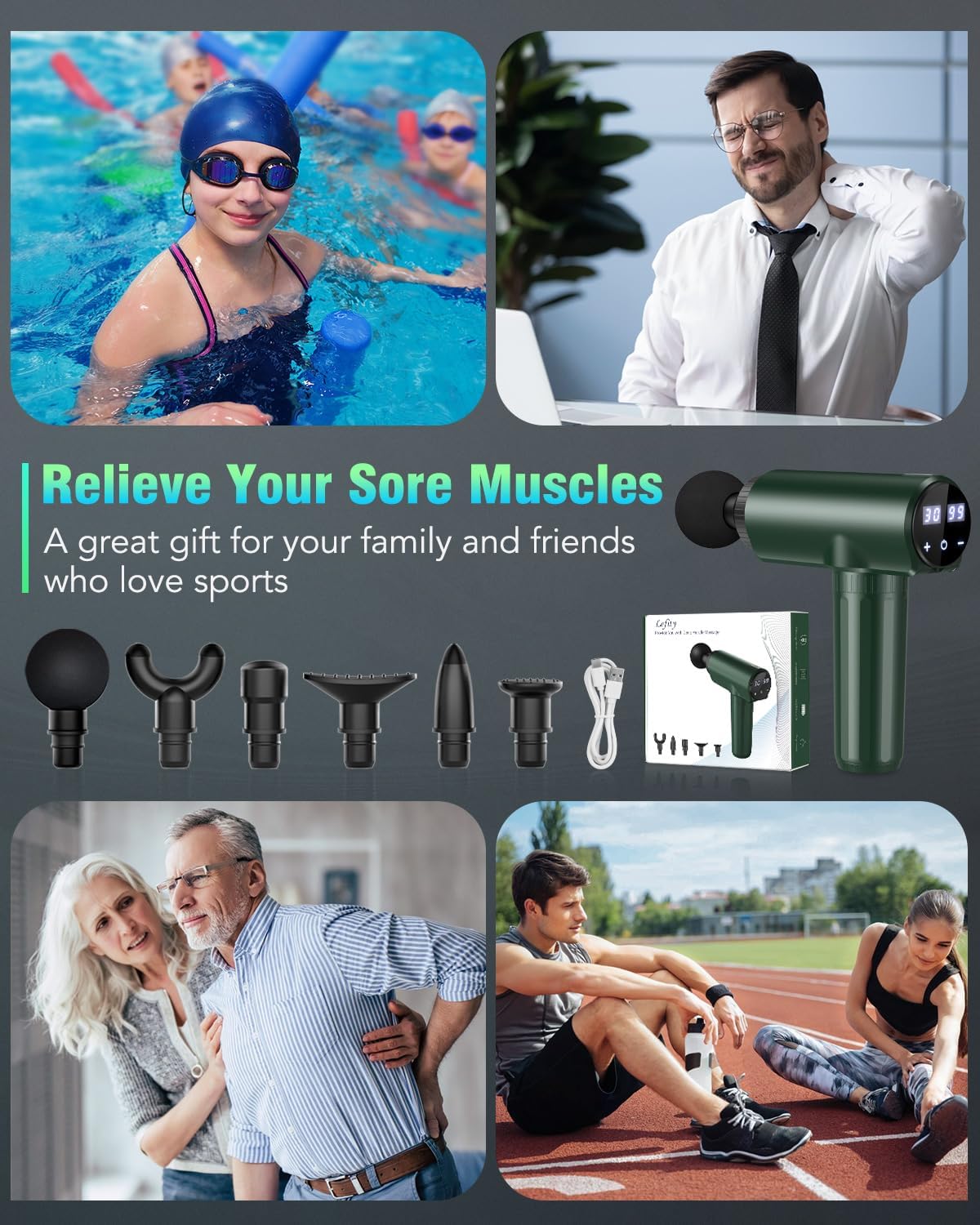 Muscle Massage Gun, Lefity 30 Adjustable Levels and 6 Heads, Professional Massager with LCD Display, Relieve Muscle Pain, Dark Green