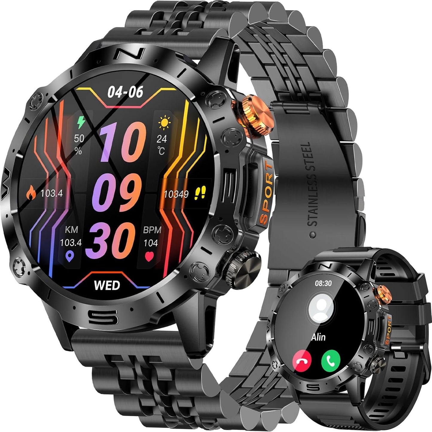 PODOEIL Military Smart Watch for Men with Bluetooth Call, 1.43" HD AMOLED Screen Fitness Tracker with Health Monitor Sleep Monitor, 100+ Sport Modes Smartwatch for Android iOS