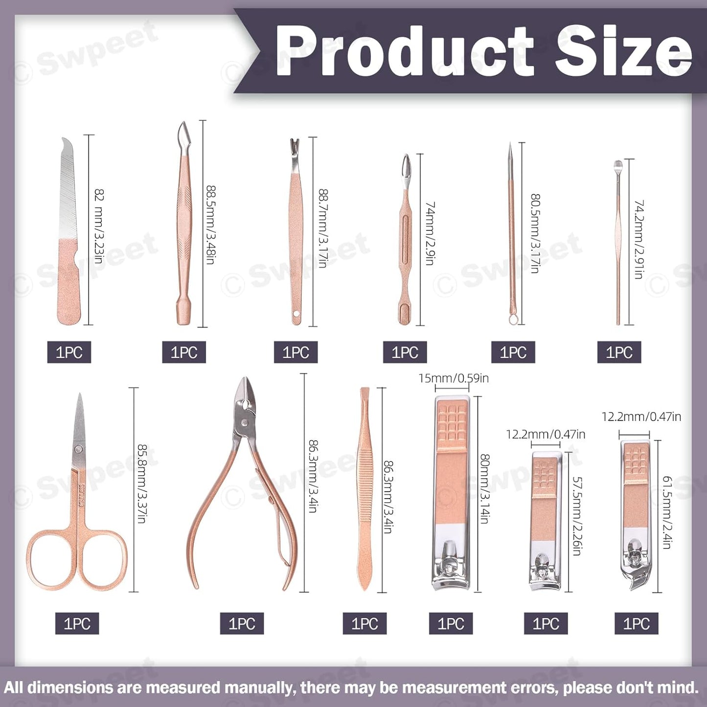 Swpeet 12Pcs Manicure Set, Nail Clippers Set, High Precisio Stainless Steel Nail Cutter Pedicure Kit Grooming Kit Manicure Fingernails, Toenails with Portable Stylish Case for Personal Care, Rose Gold