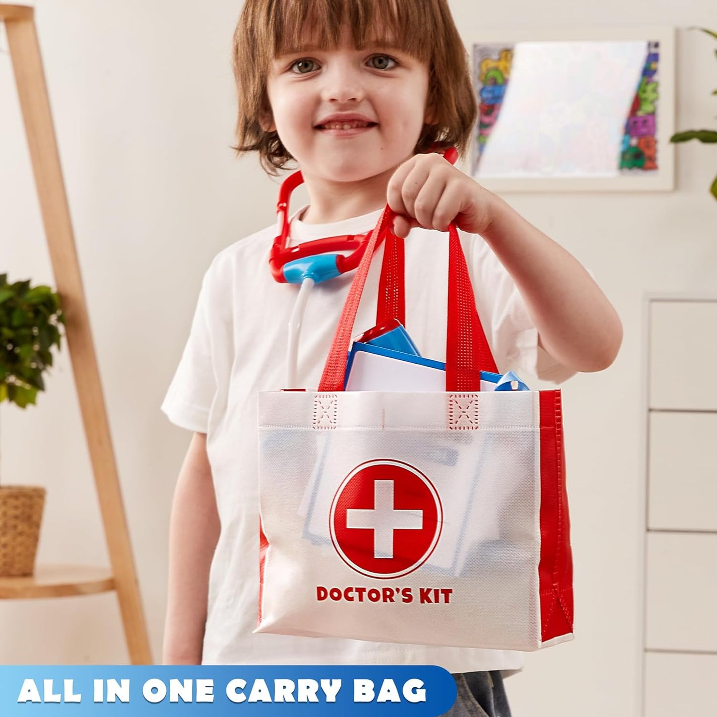 Play-Act Kids Doctor Kit, 16-Piece Pretend Play Medical Kit with Bag, Doctor Role Play Set with Realistic Toy Stethoscope, Reusable Record Cards, Dress Up Playset for Toddlers Ages 3+