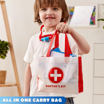 Play-Act Kids Doctor Kit, 16-Piece Pretend Play Medical Kit with Bag, Doctor Role Play Set with Realistic Toy Stethoscope, Reusable Record Cards, Dress Up Playset for Toddlers Ages 3+