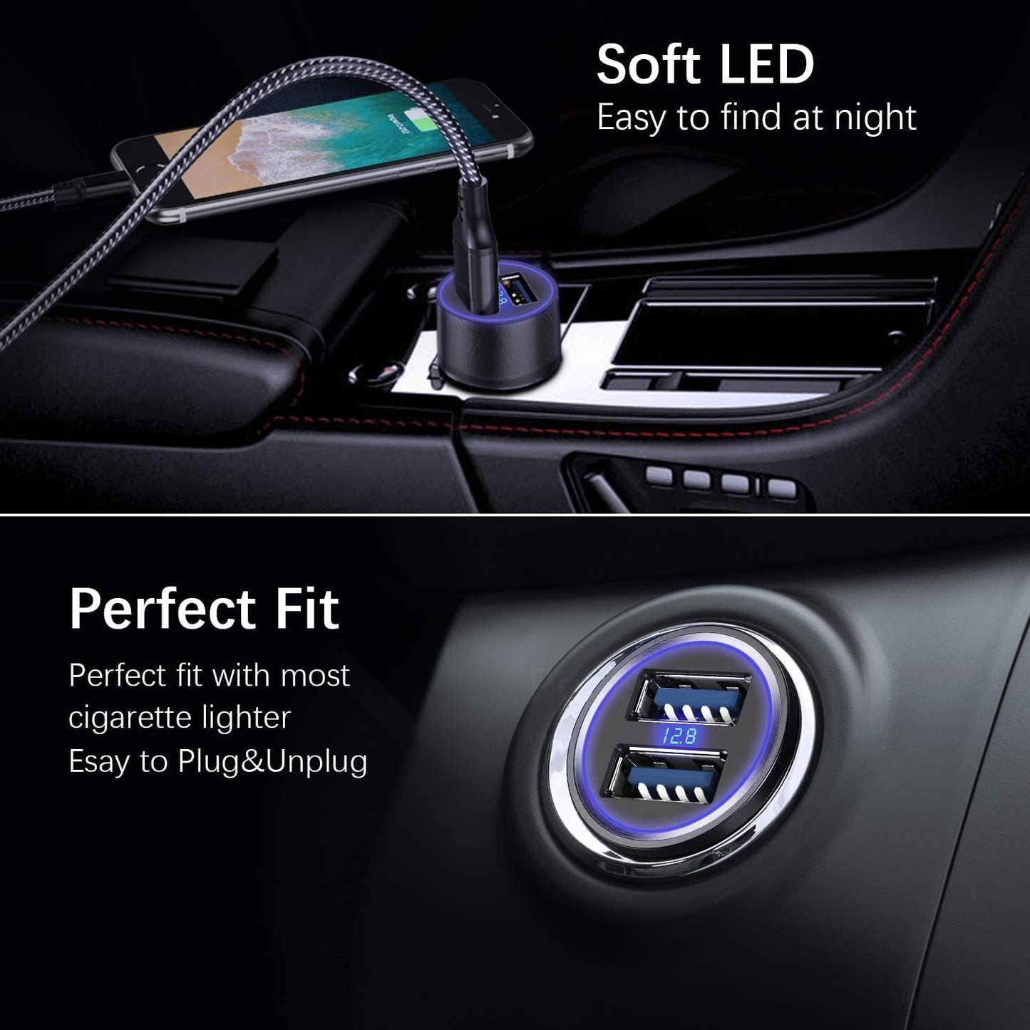 BOLTHO USB Cigarette Lighter Adapter, LED Digital Voltmeter 4.8A Dual USB Car Charger 24W Metal Cigarette Lighter Adapter with 12V USB Socket