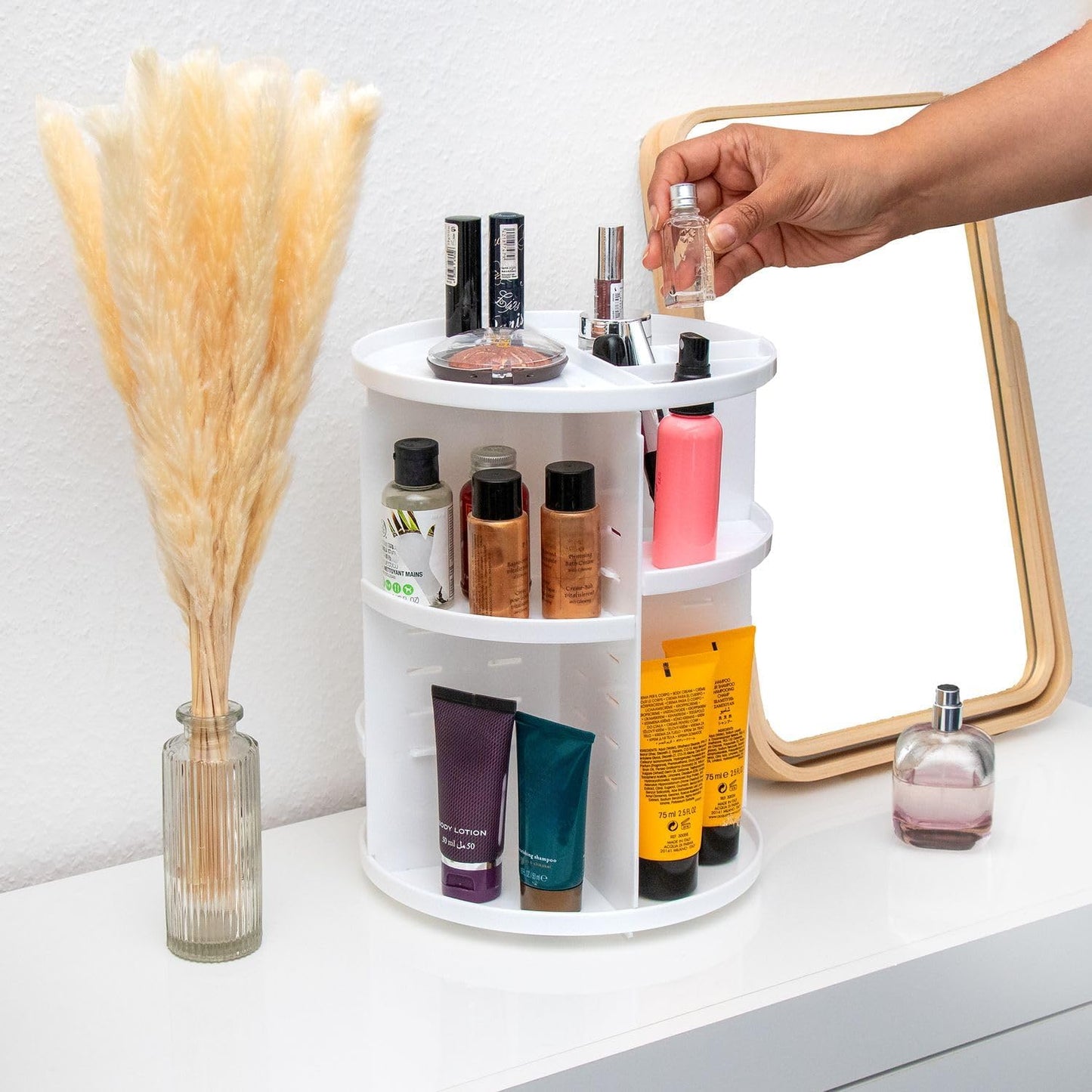 Intirilife 360 Degree Rotating Makeup Organizer in White - Cosmetic Box for Jewellery, Accessories, Makeup and Skin Care Products