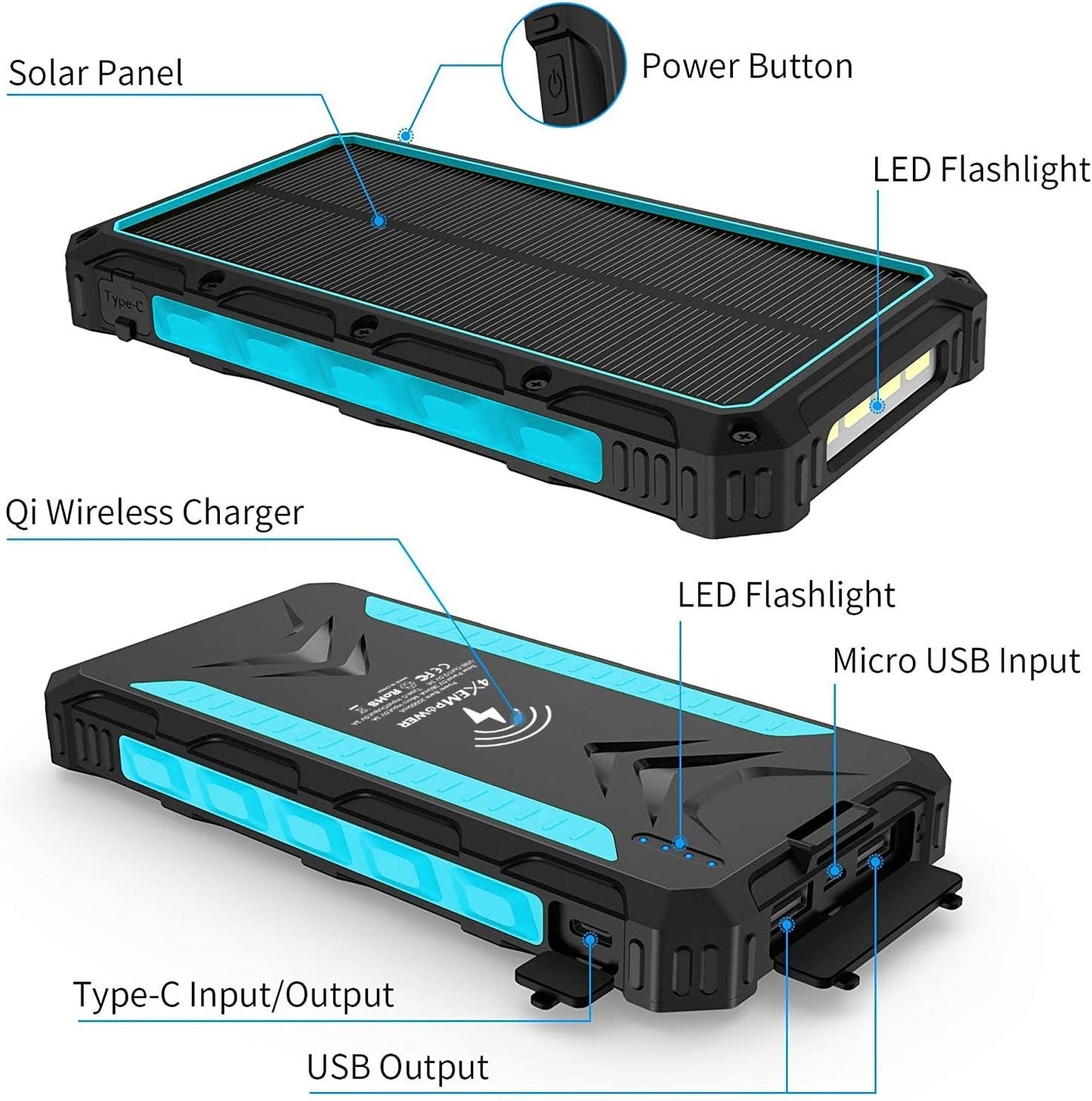 4XEM- 20,000 maH Mobile Solar Power Bank and Wireless Charger with LED Flashlight and USB Connections (Blue)