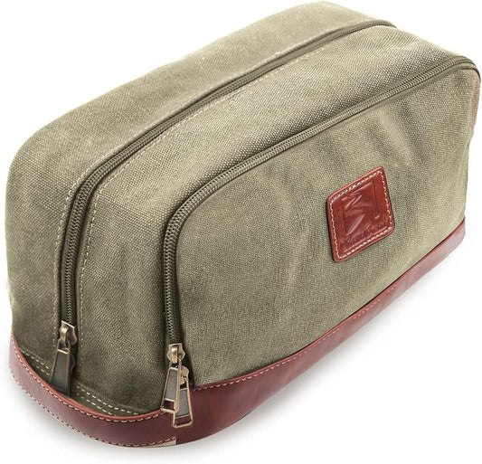 Seemeroad Travel Toiletry Bag for Men and Women, Canvas Toiletry Organizer Water-Resistant Vegan Leather, Hanging Dopp Kit Shaving Bag for Toiletries Accessories (Army Green, Large)